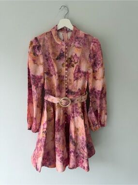 Pink & Purple Watercolor Print Button-Front Mini Dress with Belt S/M